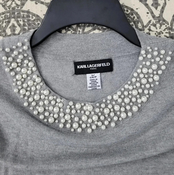 Karl Lagerfeld Tops - Karl Lagerfeld Pearl Embellished Neckline Quarter Sleeve